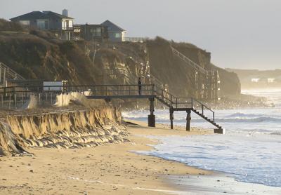 On the downtown Montauk beach, a northeaster with exceptionally high tides gouged away sand, exposing the sandbag seawall placed there two years ago by the Army Corps of Engineers. On the downtown Montauk beach, a northeaster with exceptionally high tides gouged away sand, exposing the sandbag seawall placed there two years ago by the Army Corps of Engineers.