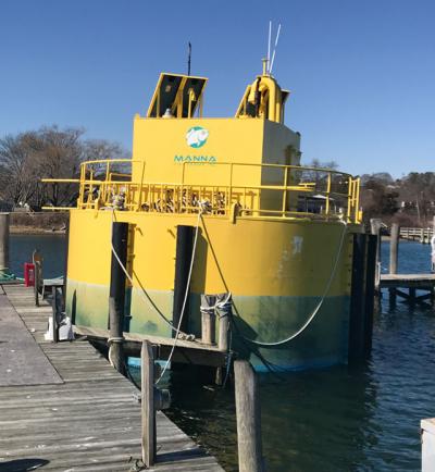 The Manna Fish Farm automatic fish-feeding station, now docked at Prime Marina in Hampton Bays The Manna Fish Farm automatic fish-feeding station, now docked at Prime Marina in Hampton Bays