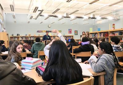 Ian Calder-Piedmonte of Balsam Farms spoke about the farming industry to eighth graders at the East Hampton Middle School as part of their study of “The Omnivore’s Dilemma” by Michael Pollan. Ian Calder-Piedmonte of Balsam Farms spoke about the farming industry to eighth graders at the East Hampton Middle School as part of their study of “The Omnivore’s Dilemma” by Michael Pollan.