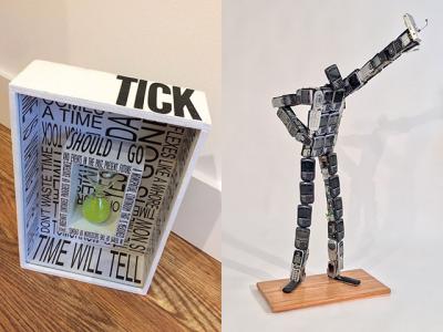 Left, Karyn Mannix’s “Tick Tock,” a mixed-media work with found objects. Right, Rossa Cole’s “Nam June Paik Takes a Selfie” is made out of outmoded cellphones. Left, Karyn Mannix’s “Tick Tock,” a mixed-media work with found objects. Right, Rossa Cole’s “Nam June Paik Takes a Selfie” is made out of outmoded cellphones.