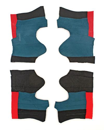 Claire Watson constructs abstract art out of leather castoffs in these pieces, “Some Semblance,” and below, “Match,” on view at Ille Arts in Amagansett.