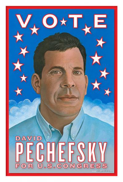 David Pechefsky, one of five Democrats seeking the nomination to face Representative Lee Zeldin, got a boost from the artist Paul Davis, who designed this poster for the candidate. David Pechefsky, one of five Democrats seeking the nomination to face Representative Lee Zeldin, got a boost from the artist Paul Davis, who designed this poster for the candidate.