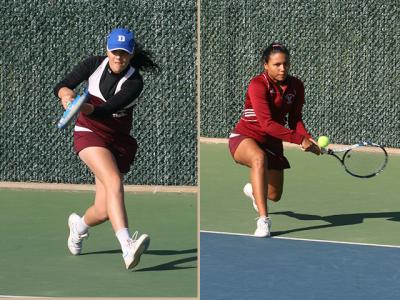Rebecca Kuperschmid, left, and Juliana Barahona, East Hampton’s number-one and two players, had an easy time of it in Friday’s 6-1 win over William Floyd in the first round of the county team tournament.
