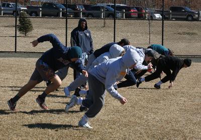 The Section XI Warriors, an 18-and-under rugby side coached by Montauk Rugby Club players, practiced on a recent Sunday morning at Veterans Memorial Park in Calverton.