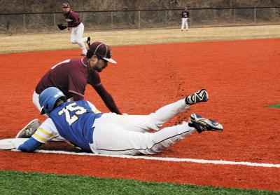 Elian Abreu, the Bonackers’ third baseman, applying a late tag to a Mattituck baserunner after a throw from Zach Barzilay, the catcher. Elian Abreu, the Bonackers’ third baseman, applying a late tag to a Mattituck baserunner after a throw from Zach Barzilay, the catcher.