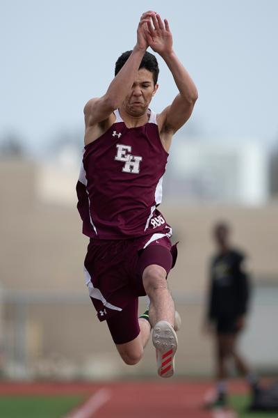 Matt Maya was a triple-winner in Monday’s boys track meet here with Wyandanch, in the long jump (above), the high jump, and the 110-meter high hurdles. Matt Maya was a triple-winner in Monday’s boys track meet here with Wyandanch, in the long jump (above), the high jump, and the 110-meter high hurdles.
