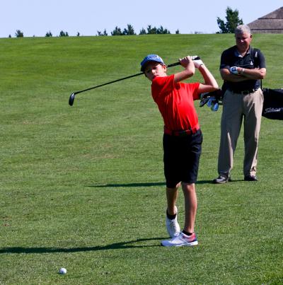 James Bradley, who’s a seventh grader, and two eighth graders, J.P. Amaden and Trevor Stachecki, are among East Hampton’s top six. Kevin Smith, the head pro at Montauk Downs, is in the background.