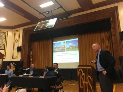 Bridgehampton School District Superintendent Robert Hauser and a panel including the district's architect, construction consultants, and attorney, fields questions from audience members at a community forum Thursday about the district's request for an additional $4.7 million in funding that residents can vote on Thursday.