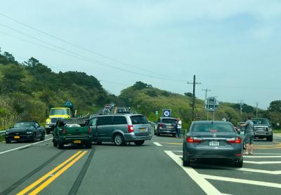 James F. Regan, 51, of Garden City, the driver of a 2014 Chrysler van, was ticketed for failing to yield the right of way at the intersection of Old Montauk and Montauk Highways on Sunday. The van crashed into a Chevrolet pickup driven by John Pelaez, 53, of Montauk, who complained of pain but was not taken to the hospital. James F. Regan, 51, of Garden City, the driver of a 2014 Chrysler van, was ticketed for failing to yield the right of way at the intersection of Old Montauk and Montauk Highways on Sunday. The van crashed into a Chevrolet pickup driven by John Pelaez, 53, of Montauk, who complained of pain but was not taken to the hospital.
