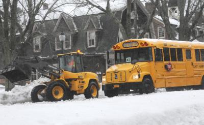 A tractor made way for a school bus in East Hampton Village on Monday morning around 9:40 a.m.
