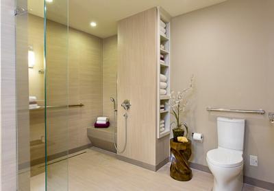 This model bathroom for aging-in-place has grab bars and an open, curbless shower with a sturdy seat and a hand-held shower head. (The plant stand was put in place by the unknown photographer.)