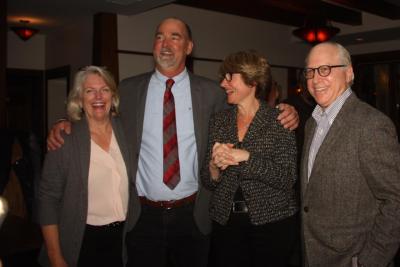 Councilman Peter Van Scoyoc, second from left, celebrated his supervisor win with fellow Democrats, Councilwoman Sylvia Overby, left, Councilwoman Kathee Burke-Gonzalez, and newly elected town board member Jeff Bragman, at Rowdy Hall in East Hampton Tuesday night. Councilman Peter Van Scoyoc, second from left, celebrated his supervisor win with fellow Democrats, Councilwoman Sylvia Overby, left, Councilwoman Kathee Burke-Gonzalez, and newly elected town board member Jeff Bragman, at Rowdy Hall in East Hampton Tuesday night.