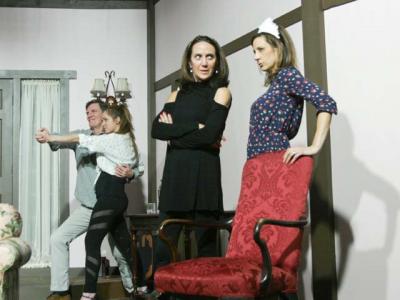 Left to right, Matthew Conlon, Amanda Griemsmann, Rosemary Cline, and Rebecca Edana rehearsed a scene from the farce “Don’t Dress for Dinner,” opening next Thursday at the Hampton Theatre Company in Quogue. Left to right, Matthew Conlon, Amanda Griemsmann, Rosemary Cline, and Rebecca Edana rehearsed a scene from the farce “Don’t Dress for Dinner,” opening next Thursday at the Hampton Theatre Company in Quogue.