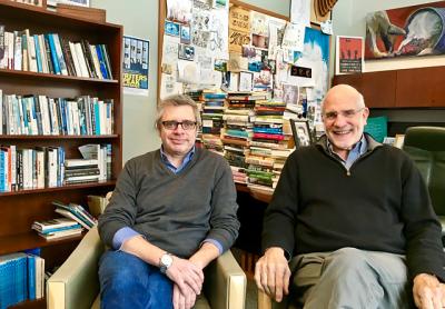 Paul Harding, left, the latest hire in Stony Brook Southampton’s M.F.A. program in creative writing and literature, with Robert Reeves, the campus’s associate provost