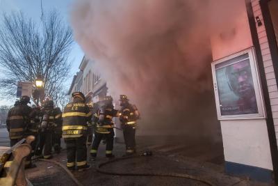 Smoke was billowing out the front of the Sag Harbor Cinema on the morning of Dec. 16 in what would be the worst fire on the South Fork in 22 years. Smoke was billowing out the front of the Sag Harbor Cinema on the morning of Dec. 16 in what would be the worst fire on the South Fork in 22 years.
