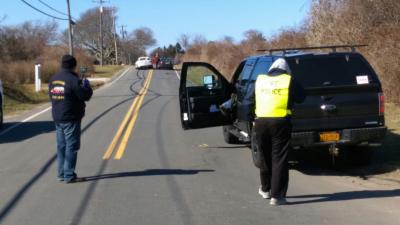 The Montauk Fire Department's fire police personnel have kept a portion of East Lake Drive closed after a machinery accident at the Montauk Lake Club and Marina.