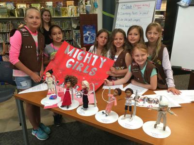 Amagansett's Girl Scout Troop 596 made their own "Mighty" dolls in the style of Wendy Tsao's remade Bratz dolls. The Girl Scouts are, from left, Lizzie Skrenta, Nataly Ordonez, Sienna Hummel, Maya Molin, Stella Peterson, Jocelyn Bennett, and Natalie Mongan. Their troop leader is Marit Molin, pictured in the back. Amagansett's Girl Scout Troop 596 made their own "Mighty" dolls in the style of Wendy Tsao's remade Bratz dolls. The Girl Scouts are, from left, Lizzie Skrenta, Nataly Ordonez, Sienna Hummel, Maya Molin, Stella Peterson, Jocelyn Bennett, and Natalie Mongan. Their troop leader is Marit Molin, pictured in the back.