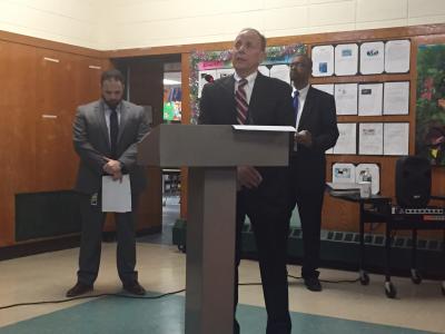 The Springs School District's superintendent, John J. Finello, center, joined the school principal, Eric Casale, left, and the business administrator, Carl Fraser, right, in breaking down a first draft of the 2016-17 school budget.