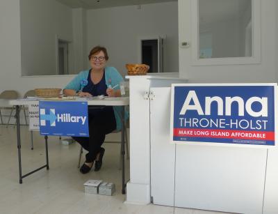 Cate Rogers was at the East Hampton Democrats village headquarters on Friday, ready to help people register to vote or share campaign literature for HIllary Clinton and Anna Throne-Holst, the Democrats' candidate for United States Representative. Cate Rogers was at the East Hampton Democrats village headquarters on Friday, ready to help people register to vote or share campaign literature for HIllary Clinton and Anna Throne-Holst, the Democrats' candidate for United States Representative.