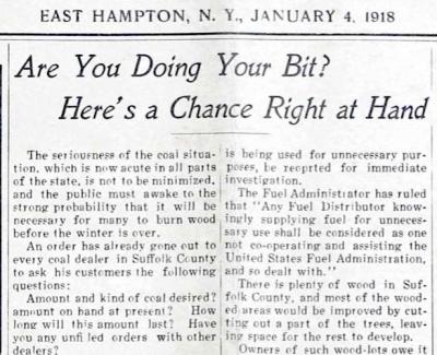 Part of the front page of the Jan. 4, 1918, East Hampton Star, from the East Hampton Library Digital Long Island collection. Part of the front page of the Jan. 4, 1918, East Hampton Star, from the East Hampton Library Digital Long Island collection.