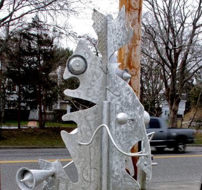 This sculpture by Steve Zaluski, which was placed in front of the new Mannix Studio of Art on Gingerbread Lane, will have to be removed, the East Hampton Village Design Review Board ruled on Wednesday. This sculpture by Steve Zaluski, which was placed in front of the new Mannix Studio of Art on Gingerbread Lane, will have to be removed, the East Hampton Village Design Review Board ruled on Wednesday.