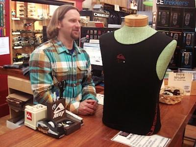 Lutha-Leahy Miller displayed the magic of the new battery-heated Quiksilver wetsuit vest at Main Beach Surf and Sport in Wainscott.