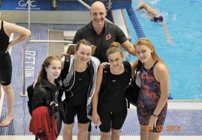 Four of the seven athletes Tom Cohill, above, took to the Y national meet in Greensboro, N.C., were Jane Brierley, Maggie Purcell, Sophia Swanson, and Caroline Oakland, who comprised East Hampton’s 200 medley relay team.