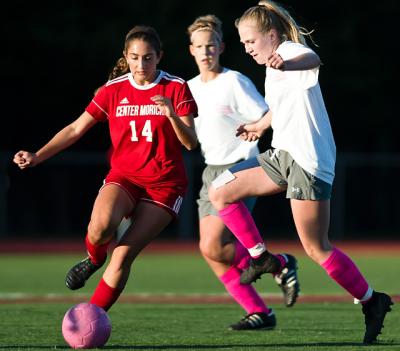 Asha Hokanson, at right, scored the East Hampton-Center Moriches girls soccer game’s sole goal here Friday on a through pass from Alden Powers.