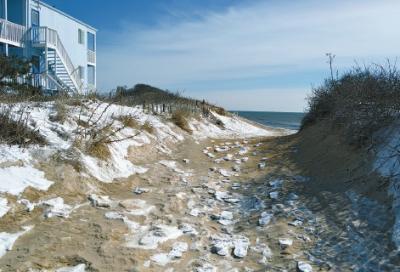 Footprints made of snow led to the beach in Montauk, where a massive United States Army Corps of Engineers sandbag erosion-control project is planned. Footprints made of snow led to the beach in Montauk, where a massive United States Army Corps of Engineers sandbag erosion-control project is planned.