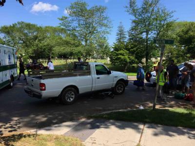 A bicyclist received non-life-threatening injuries when he tried to pass a truck as it was turning onto Main Street from Mill Hill Lane in East Hampton Village on Thursday afternoon, according to police. A bicyclist received non-life-threatening injuries when he tried to pass a truck as it was turning onto Main Street from Mill Hill Lane in East Hampton Village on Thursday afternoon, according to police.