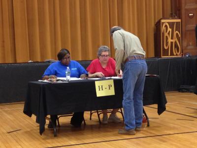 A last minute voter at the Bridgehampton School on Tuesday evening