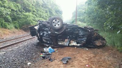 A Toyota RAV4 left on the tracks was destroyed when it was hit by a train Tuesday morning. A Toyota RAV4 left on the tracks was destroyed when it was hit by a train Tuesday morning.