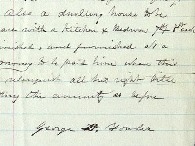 George Fowler's signature on a document reproduced by the East Hampton Library in which he gave up his remaining rights to land at Montauk. George Fowler's signature on a document reproduced by the East Hampton Library in which he gave up his remaining rights to land at Montauk.