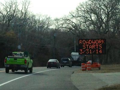 A sign on Montauk Highway near Green Hollow Road in East Hampton has been updated to indicate the new start date of roadwork on the route from Stephen Hand's Path to County Road 39. A sign on Montauk Highway near Green Hollow Road in East Hampton has been updated to indicate the new start date of roadwork on the route from Stephen Hand's Path to County Road 39.