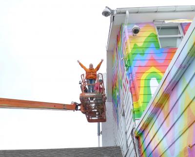 Jen Stark painted the sides of the Surf Lodge in Montauk as part of her installation for Eric Firestone before Memorial Day weekend. The Surf Lodge was accused of violating the East Hampton Town code. Jen Stark painted the sides of the Surf Lodge in Montauk as part of her installation for Eric Firestone before Memorial Day weekend. The Surf Lodge was accused of violating the East Hampton Town code.