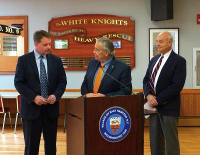 Mayor Paul F. Rickebach Jr., center, and Richard Lawler, right, an East Hampton Village Board member, thanked Jerry Larsen for his service to the village as he prepared to leave his post in January. Mayor Paul F. Rickebach Jr., center, and Richard Lawler, right, an East Hampton Village Board member, thanked Jerry Larsen for his service to the village as he prepared to leave his post in January.