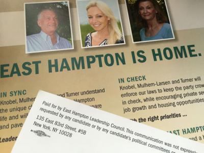 A campaign mailer paid for by the East Hampton Leadership Council praises the Republican candidates on one side and criticizes the Democratic incumbents on the other. As of Thursday, the political action committee had reported spending more than $155,000 on behalf of local Republican candidates.