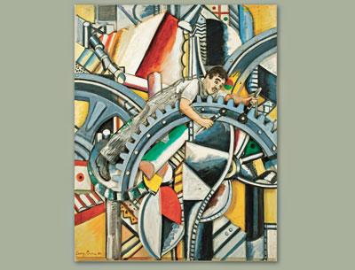 “Modernist Times” from 1988 is from a series of appropriations the artist made, sometimes blending works such as an image of Charlie Chaplin into the middle of a Fernand Leger composition. “Modernist Times” from 1988 is from a series of appropriations the artist made, sometimes blending works such as an image of Charlie Chaplin into the middle of a Fernand Leger composition.