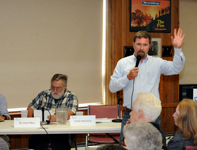 At a Concerned Citizens of Montauk event on Saturday, Jeremy Samuelson, the group’s director, right, moderated a discussion of beach reconstruction options for Montauk with Stephen Leatherman, left, and Orrin Pilkey, two coastal experts.