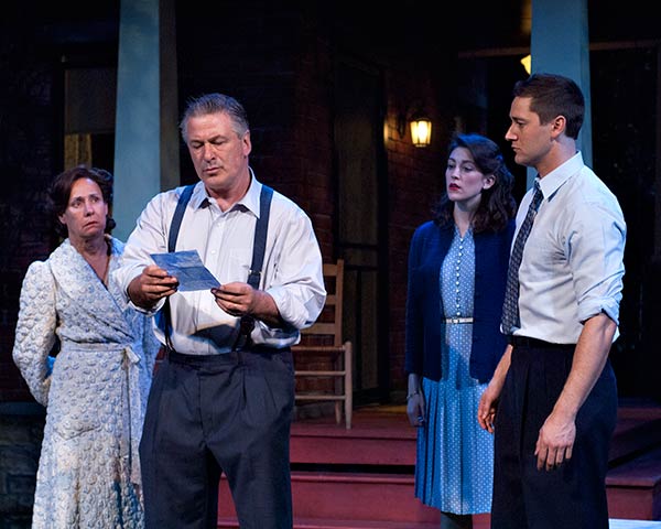 As directed by Stephen Hamilton, the cast of “All My Sons‚” at Guild Hall, from left, Laurie Metcalf, Alec Baldwin, Cailin McGee, and Ryan Eggold, provides a flawlessly acted production.