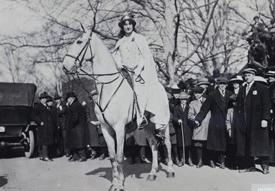 Inez Milholland Boissevain preparing to lead the March 3, 1913, women’s suffrage parade in Washington, D.C. Inez Milholland Boissevain preparing to lead the March 3, 1913, women’s suffrage parade in Washington, D.C.