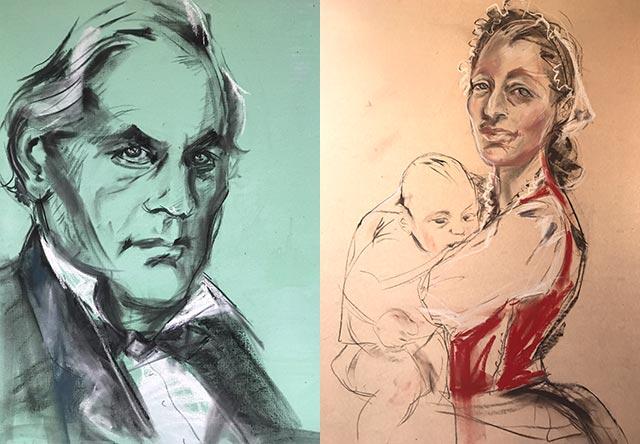A painting of James Fenimore Cooper, left, who lived for a time on Shelter Island. Sabina Streeter used friends as models for her portraits, including this one, right, of Captain Hand’s mother.