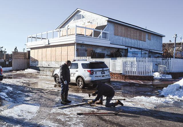 After frozen pipes thawed yesterday, water came gushing out of Sloppy Tuna in downtown Montauk. The basement had filled with water from burst water pipes.