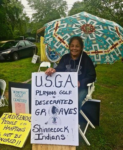 Rain or shine, Rebecca Genia reminded golf fans of local history during the U.S. Open at Shinnecock Hills.