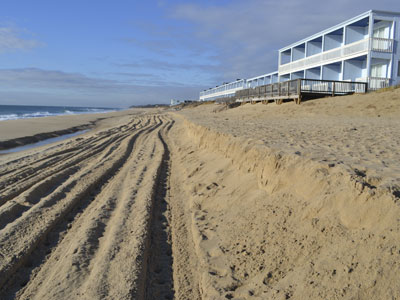 Considerable erosion on the downtown Montauk beach after a northeaster last week has the Army Corps of Engineers re-evaluating the timeframe and cost of a dune restoration project there.
