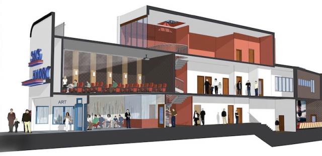 A rendering by NK Architects and Croxton Collaborative Architects show the proposed three-story cinema arts building with two theaters, a screening room, and a rooftop deck.