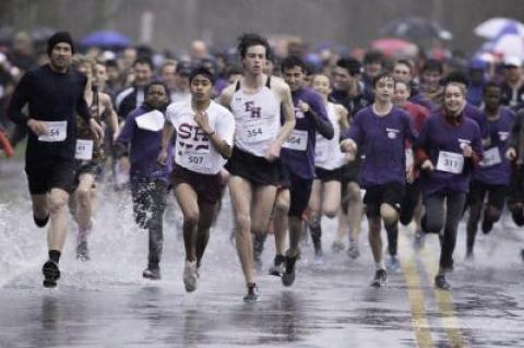 Ryan Fowkes (354) and Gustavo Morastitla (507) were to duke it out in the rain Saturday at the Katy’s Courage 5K in Sag Harbor, the first road race of the season, with Fowkes winning out by about six seconds.