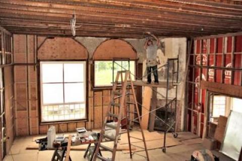An electrician was busy last week installing wiring for a chandelier in the Studio. The upside-down transom is back from repair, still upside-down. An electrician was busy last week installing wiring for a chandelier in the Studio. The upside-down transom is back from repair, still upside-down.