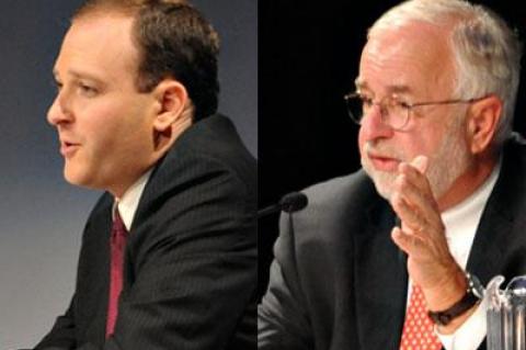 State Senator Lee Zeldin, left, criticized what he called a slow pace of Hurricane Sandy recovery projects. Representative Tim Bishop touted his experience and accomplishments.