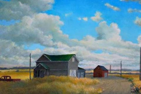 Ralph Carpentier’s “Barn on a Hill” is part of a solo exhibition of his work organized by Pamela Williams at the Amagansett Library.